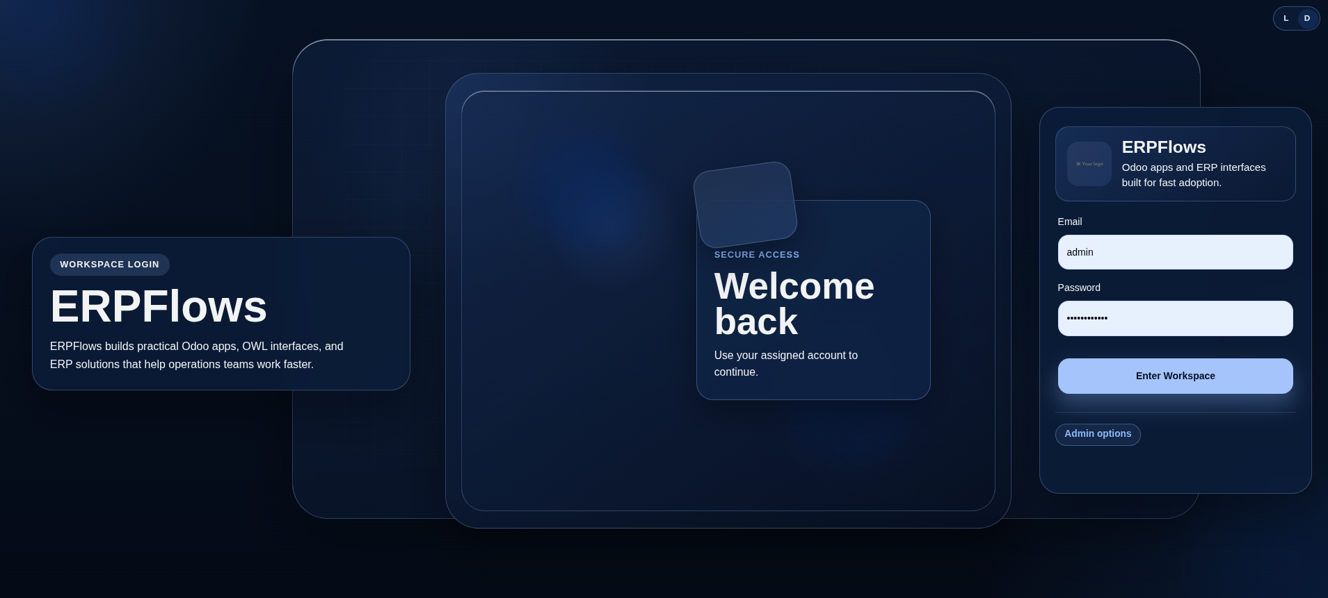 Dark mode preview of ERPFlows Login Experience PRO