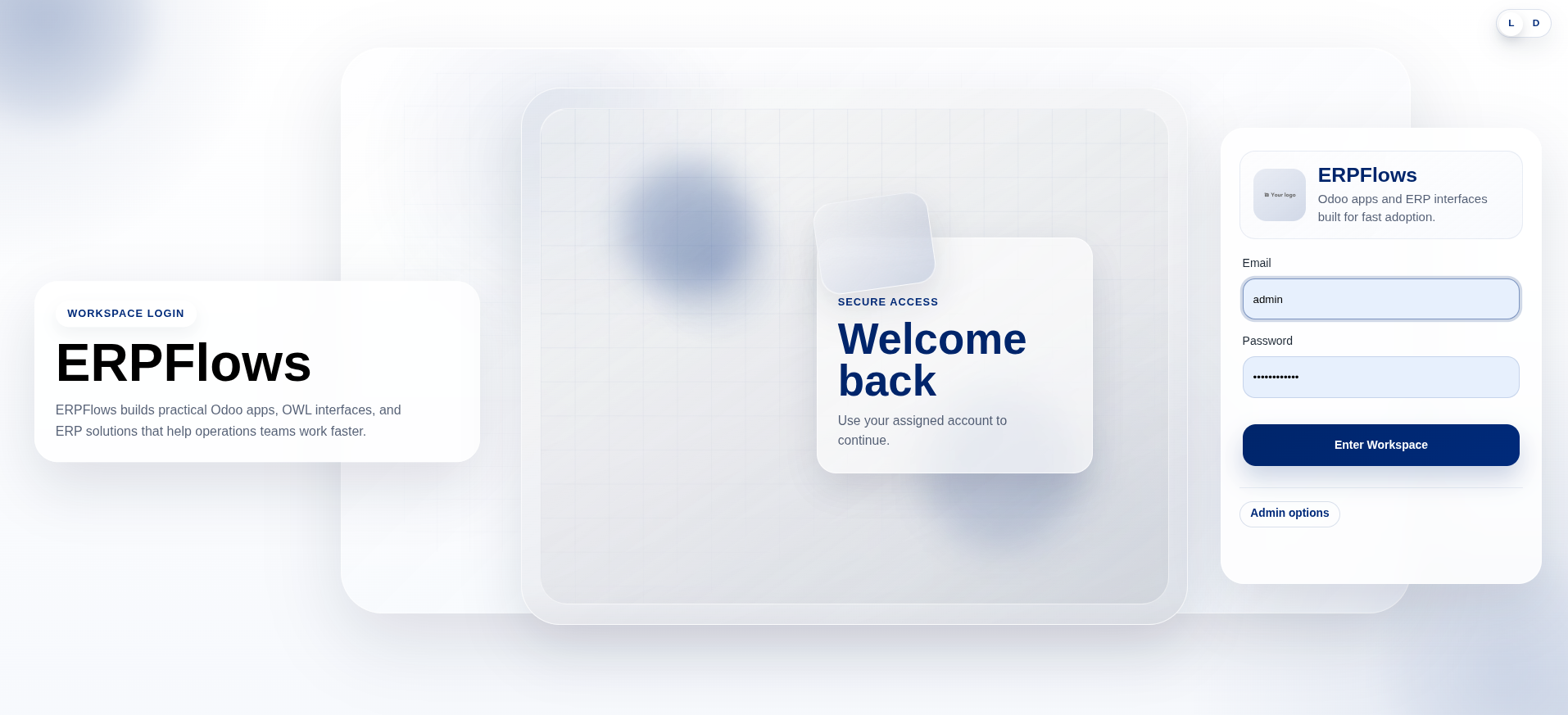 Light mode preview of ERPFlows Login Experience PRO
