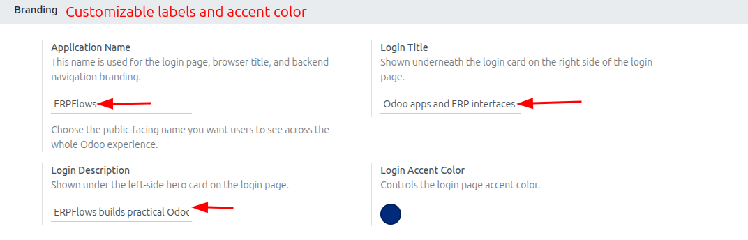 Branding settings section for Login Experience PRO in Odoo General Settings